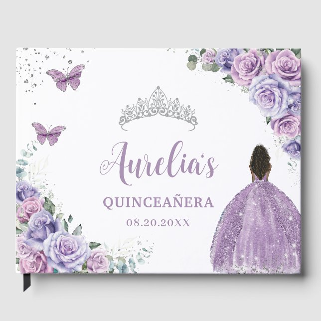 QUINCEAÑERA Lavender Lila Blommigt Brown Princess Gästböcker (Framsida)