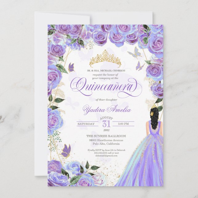 Quinceanera Lavender Lila Elegant Butterfly Inv Inbjudningar (Framsida)