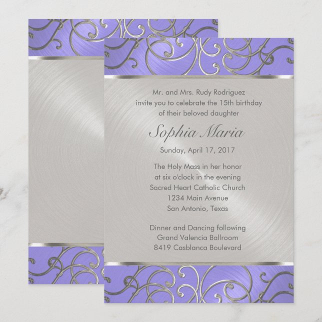 Quinceanera Lavender Lila Silver Filigree Swirls Inbjudningar (Fram/baksida)