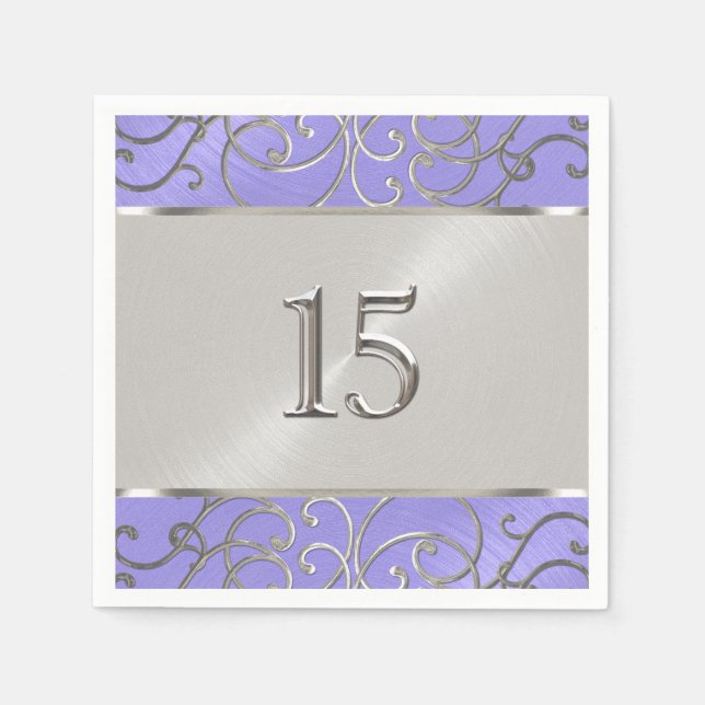 Quinceanera Lavender Lila Silver Filigree Swirls Pappersservett (Framsidan)