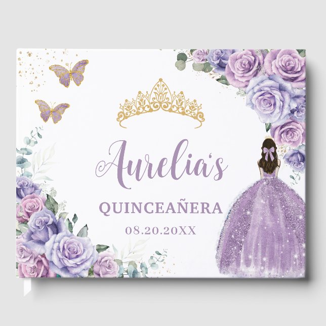 QUINCEAÑERA Lavender Lilac Lila Blommigt Princess Gästböcker (Framsida)