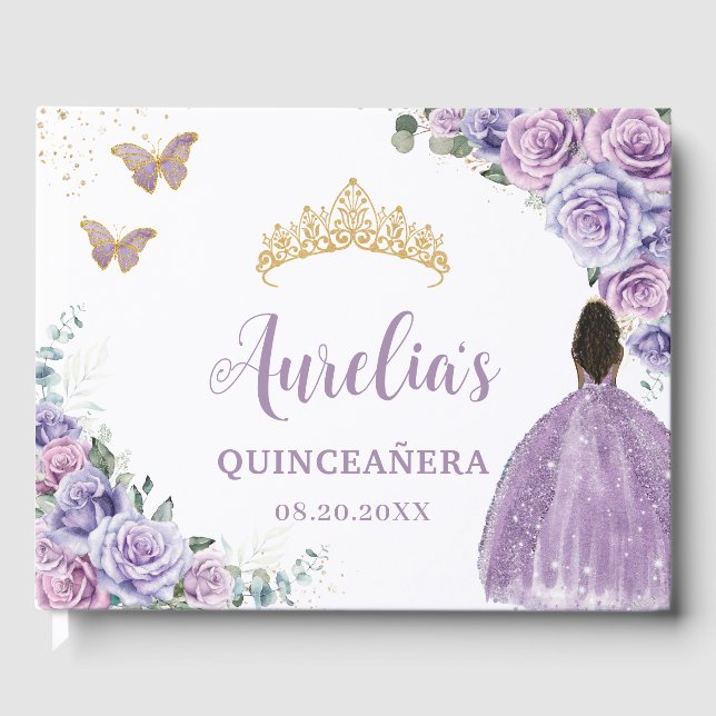 QUINCEAÑERA Lavender Lilac Lila Ro Brown Girl Gästböcker (Framsida)
