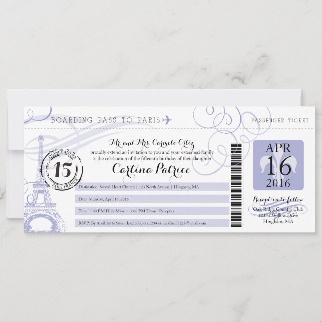 Quinceanera Lavender | Paris Boarding Pass Inbjudningar (Framsida)