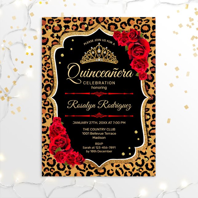 Quinceanera - Leopard Print Guld Red Inbjudningar (Skapare uppladdad)