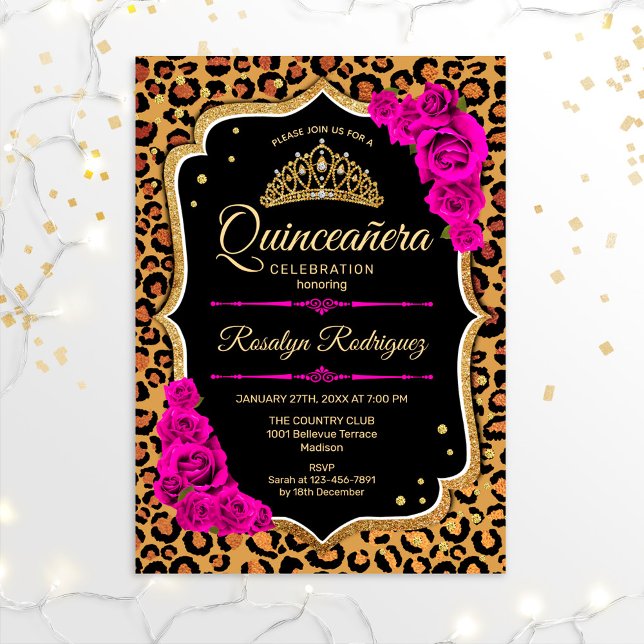 Quinceanera - Leopard Print Guld Red Rosa Inbjudningar (Skapare uppladdad)