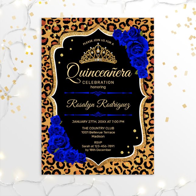 Quinceanera - Leopard Print Guld Royal Blue Inbjudningar (Skapare uppladdad)