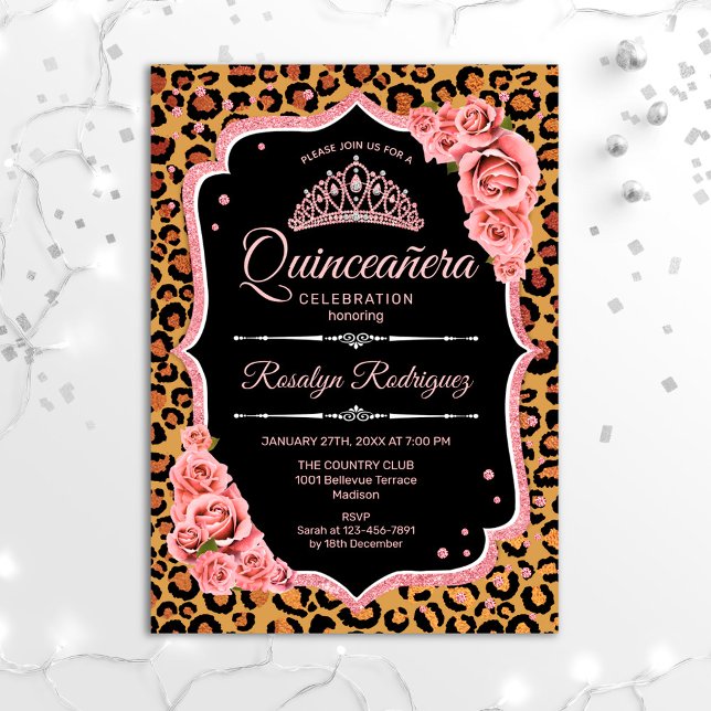 Quinceanera - Leopard Ro Guld Inbjudningar (Skapare uppladdad)