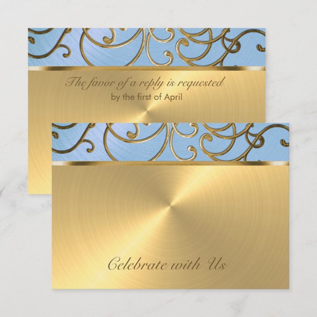 Quinceanera Light Blue and Guld Filigree Swirls Inbjudningar (Fram/baksida)