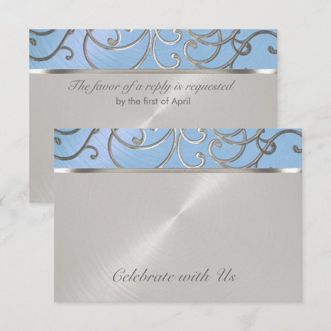 Quinceanera Light Blue and Silver Filigree Swirls Inbjudningar (Fram/baksida)