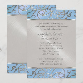 Quinceanera Light Blue and Silver Filigree Swirls Inbjudningar
