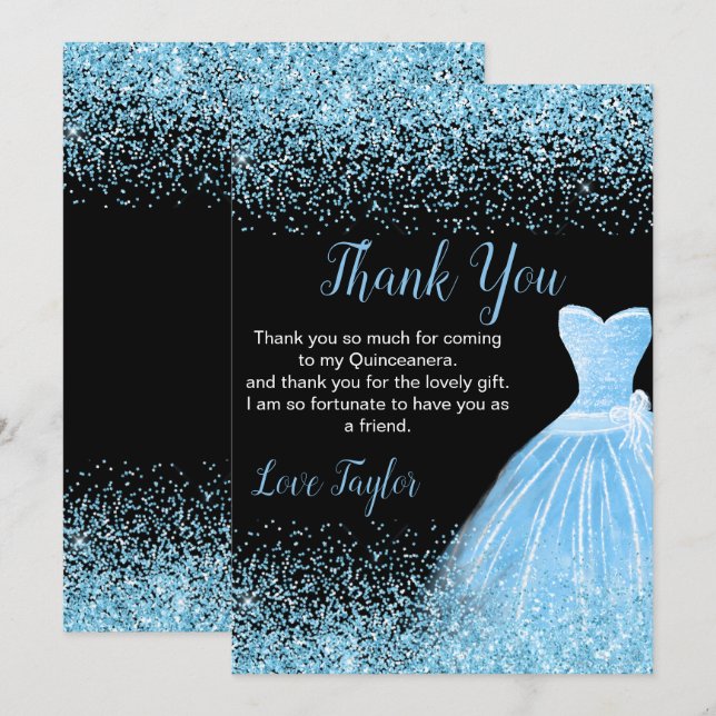 Quinceanera Light Blue Dress Faux Glitter Tack Kort (Fram/baksida)