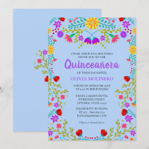 Quinceanera Light Blue Mexican Flowers Birthday Inbjudningar