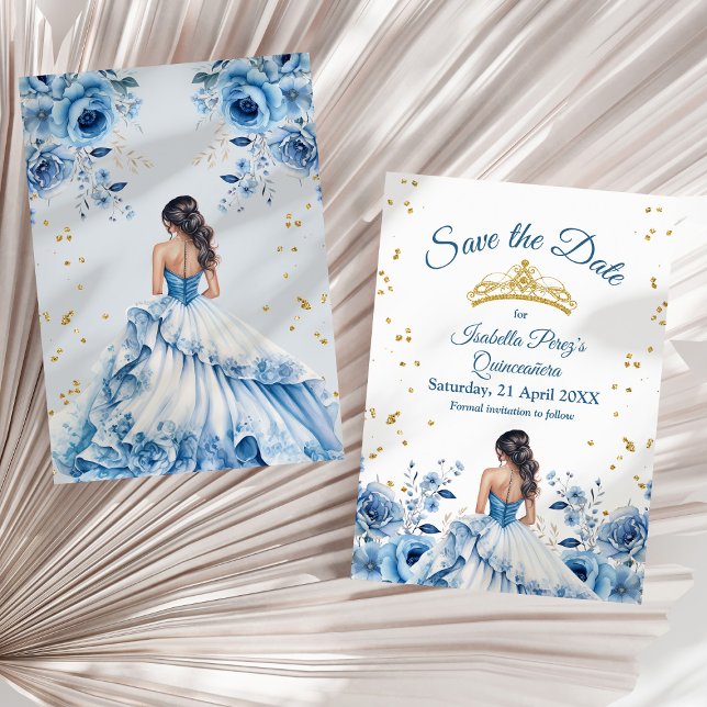 Quinceanera Light Blue Princess Spara datumet Inbjudningar (Quinceanera Light Blue Princess Save the Date Invitation on a sunny neutral dry palm leaf.)
