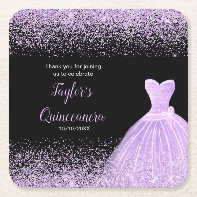 Quinceanera Light Lila Faux Glitter Underlägg Papper Kvadrat (Framsidan)