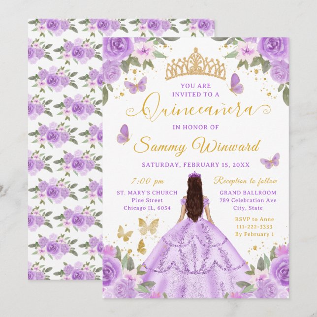 Quinceañera Light Purple Princess Brunette Girl Inbjudningar (Fram/baksida)