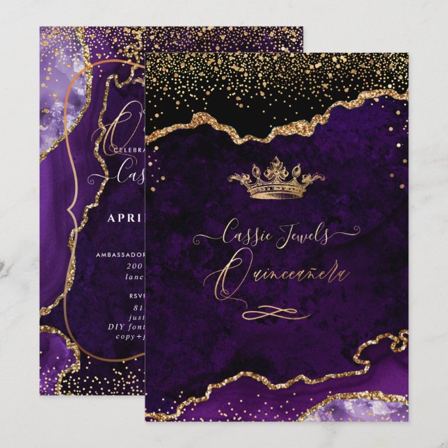 Quinceanera, Lila Agate Faux Guld confetti Invit Inbjudningar (Fram/baksida)