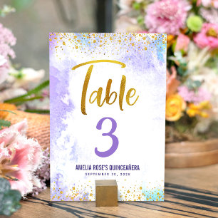 Quinceañera Lila Akvarell Guld Glitter Skrift Bordsnummer