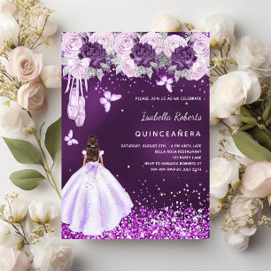 Quinceanera lila ballerina-blommigtar inbjudningar