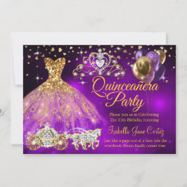 Quinceanera Lila Balloons Dress Tiara Carriage Inbjudningar