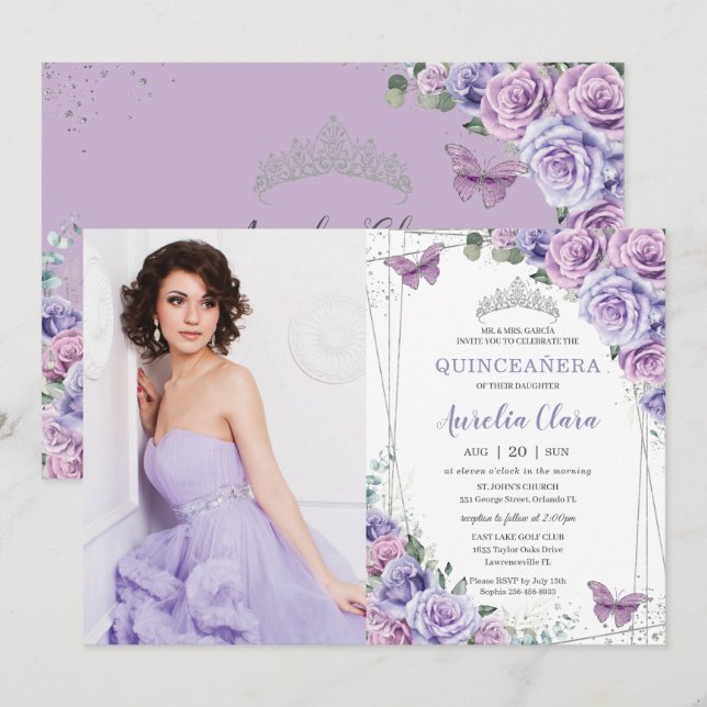 Quinceañera Lila Blommande Fjärilar Silver Inbjudningar (Fram/baksida)