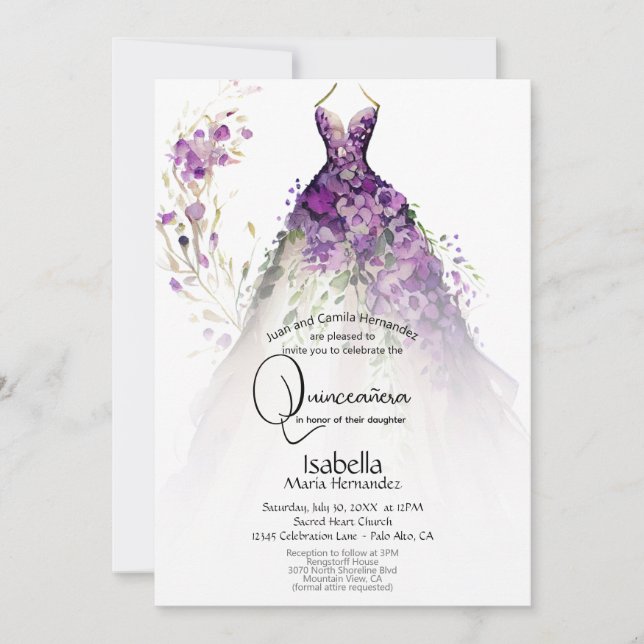 Quinceañera | Lila blommig klänning  Inbjudningar (Framsida)