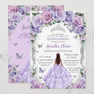 Quinceañera Lila Blommig Silver Prinsessa Inbjudningar