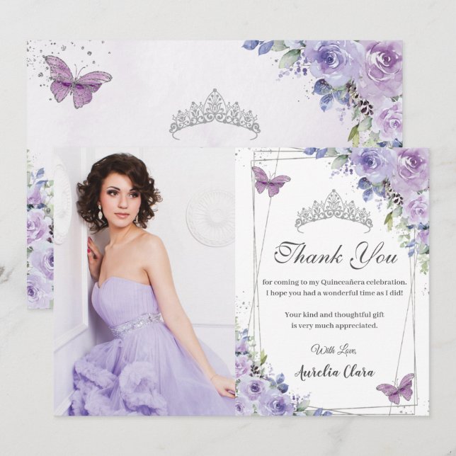 Quinceañera Lila Blommigt Butterflies 16 Birthday Tack Kort (Fram/baksida)