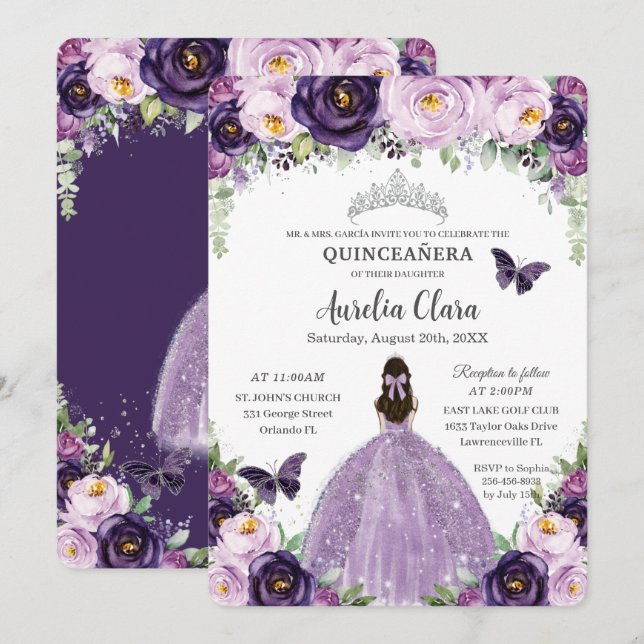 Quinceañera Lila Blommigt Butterflies Silver Tiara Inbjudningar (Fram/baksida)