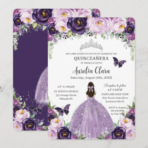 Quinceañera Lila Blommigt Butterflies Silver Tiara Inbjudningar
