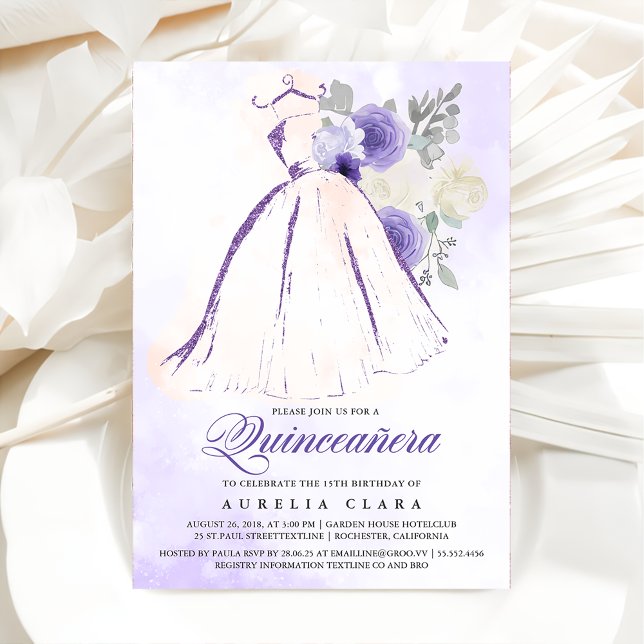 Quinceañera Lila Blommigt Dress 15:e födelsedagen Inbjudningar (Skapare uppladdad)