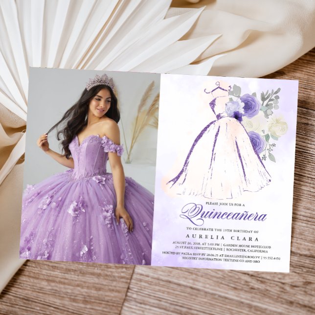 Quinceañera Lila Blommigt Dress 15:e födelsedagen Inbjudningar (Skapare uppladdad)