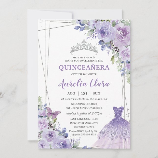 Quinceañera Lila Blommigt Gown Dress Silver Tiara Inbjudningar (Framsida)
