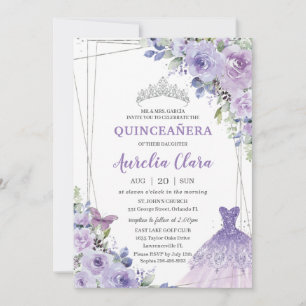 Quinceañera Lila Blommigt Gown Dress Silver Tiara Inbjudningar