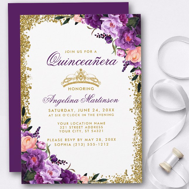 Quinceanera Lila Blommigt Guld Krona Glitter Inbjudningar (Customize to change text color, style, add text & photos to back or change color of back of card.)