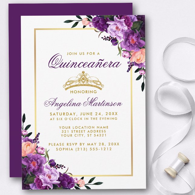 Quinceanera Lila Blommigt Guld Krona Inbjudan P (Customize to change text color, style, add text & photos to back or change color of back of card.)