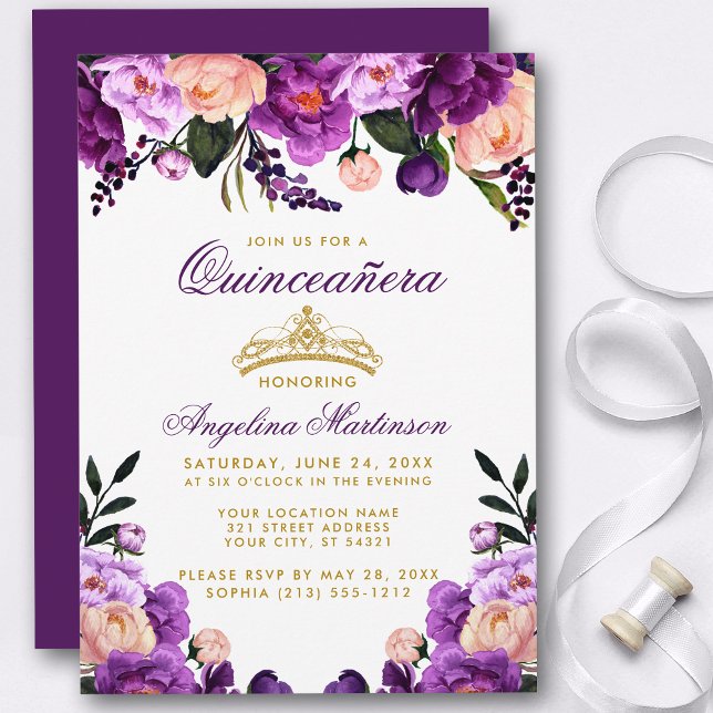 Quinceanera Lila Blommigt Guld Krona Inbjudningar (Customize to change text color, style, add text & photos to back or change color of back of card.)