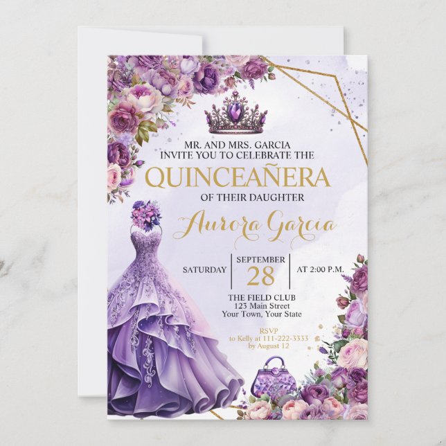 Quinceanera Lila Blommigt-inbjudan Inbjudningar (Framsida)