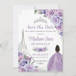 Quinceañera Lila Blommigt Paris Eiffel Brown Girl Spara Datumet