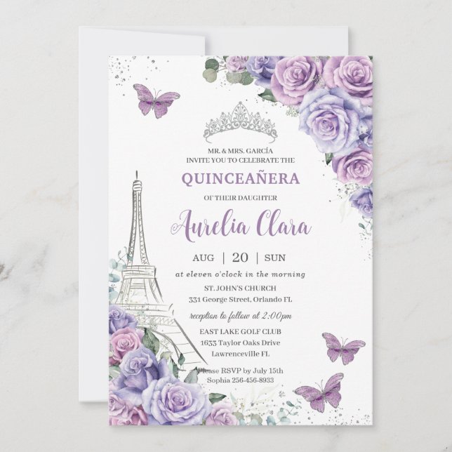 Quinceañera Lila Blommigt Paris Eiffel Butterflies Inbjudningar (Framsida)
