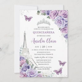Quinceañera Lila Blommigt Paris Eiffel Butterflies Inbjudningar