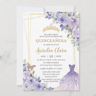 Quinceañera Lila Blommigt Princess Gown Tiara Inbjudningar