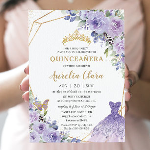 Quinceañera Lila Blommigt Princess Gown Tiara Invi Inbjudningar