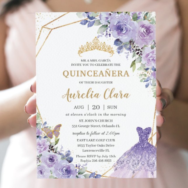 Quinceañera Lila Blommigt Princess Gown Tiara Invi Inbjudningar (Skapare uppladdad)