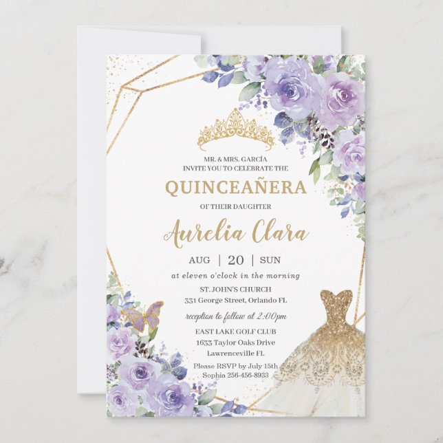 Quinceañera Lila Blommigt Princess Guld Gown Tiara Inbjudningar (Framsida)