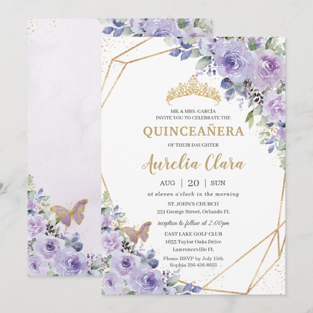 Quinceañera Lila Blommigt Princess Krona Butterfly Inbjudningar (Fram/baksida)