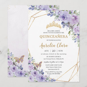 Quinceañera Lila Blommigt Princess Krona Butterfly Inbjudningar