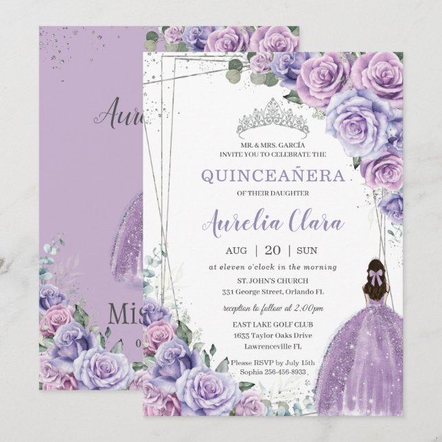 Quinceañera Lila Blommigt Princess Silver Birthday Inbjudningar (Fram/baksida)