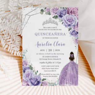 Quinceañera Lila Blommigt Princess Silver Birthday Inbjudningar