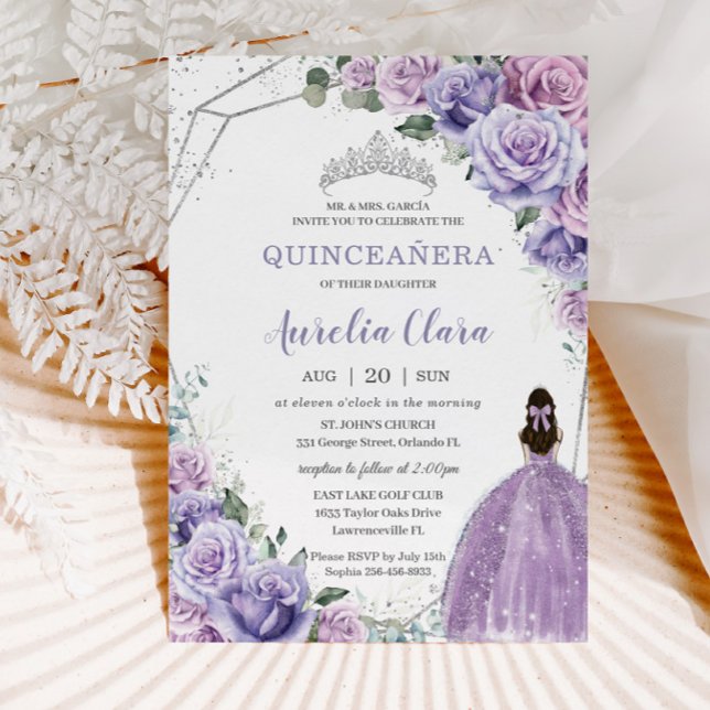 Quinceañera Lila Blommigt Princess Silver Birthday Inbjudningar (Skapare uppladdad)