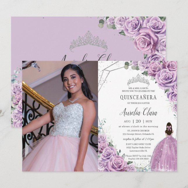 Quinceañera Lila Blommigt Princess Silver Birthday Inbjudningar (Fram/baksida)